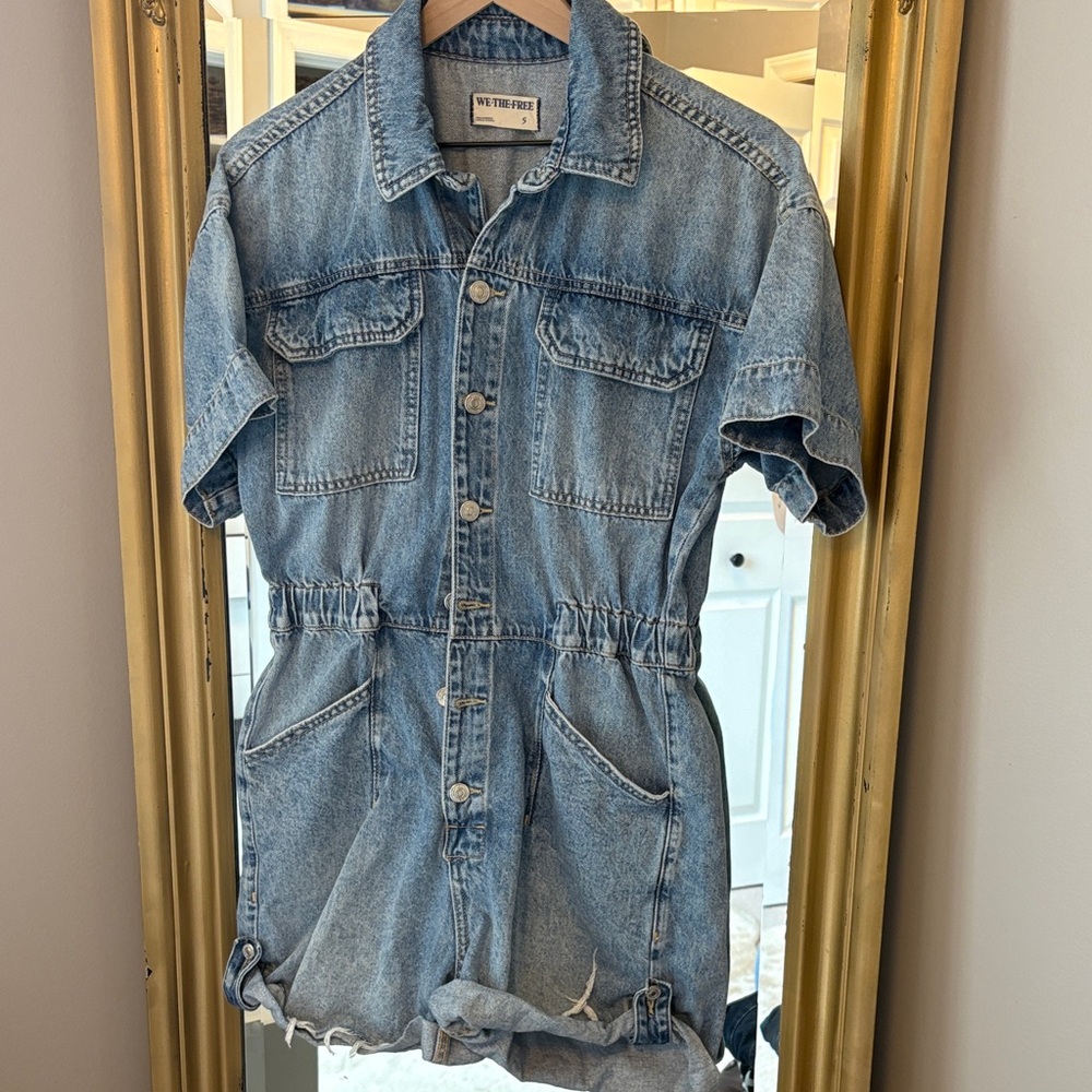 We The Free Blue Denim Button-Up Romper